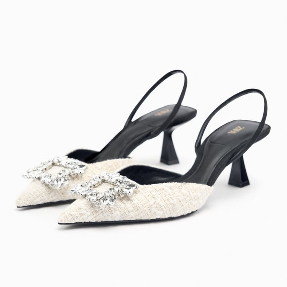Zara Cream Pointed Toe Slingback Heels with Black Straps